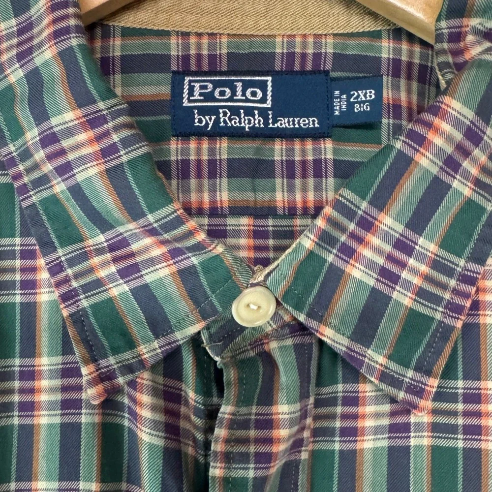 Polo Ralph Lauren Polo Country Plaid Shirt Suede Elbow Patches Green 2XB Big